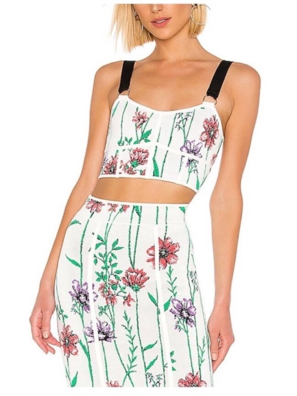 BCBG White Floral Knit Bustier Crop Top with Black Straps in Size Small